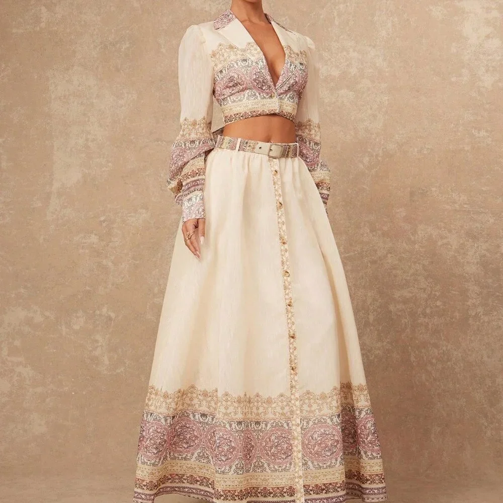 Multicolor Boho Women's Crop Top & Maxi Skirt Set